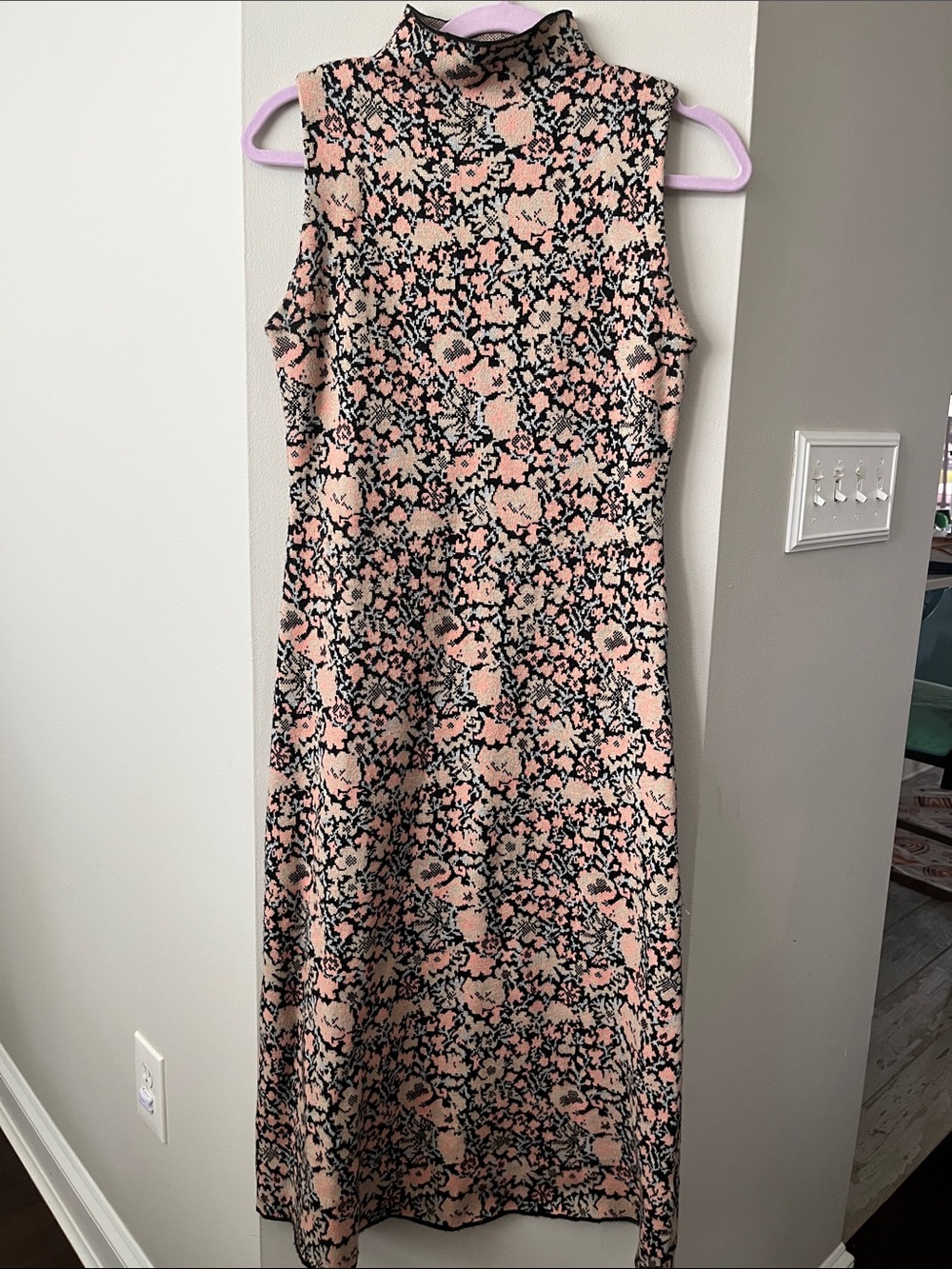 Zara Pink and Black Floral Sleeveless Mock Neck Midi Dress